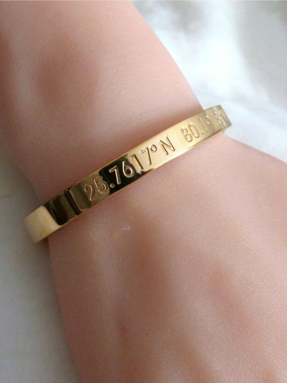 Retro Steel Time 18kt Gold "Miami" Coordinates Engraved Cuff Bracelet